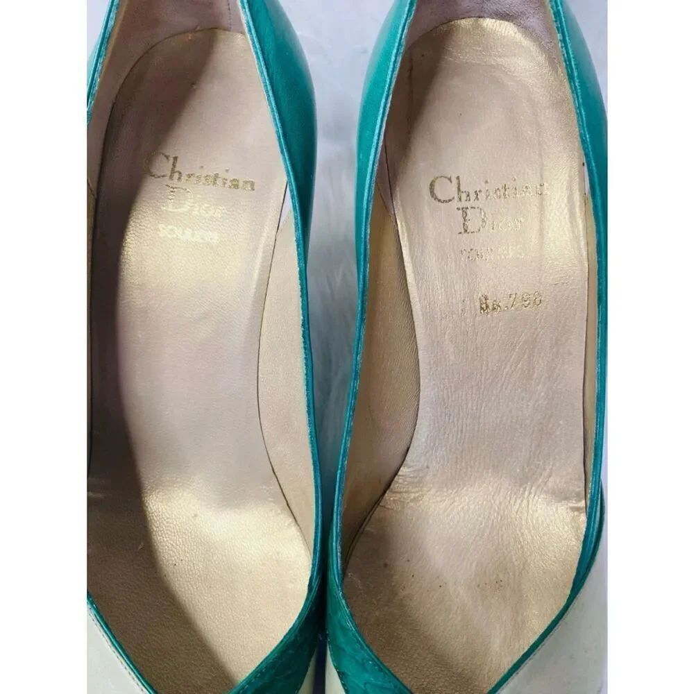 🛍️ Dior (from 1953-63) Authentic Emerald Green, Cream & Gold Color-block Pumps - Picture 10 of 16